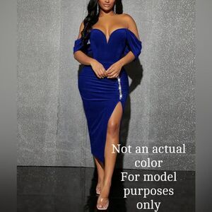 Off the shoulder split thigh velvet dress hot pink